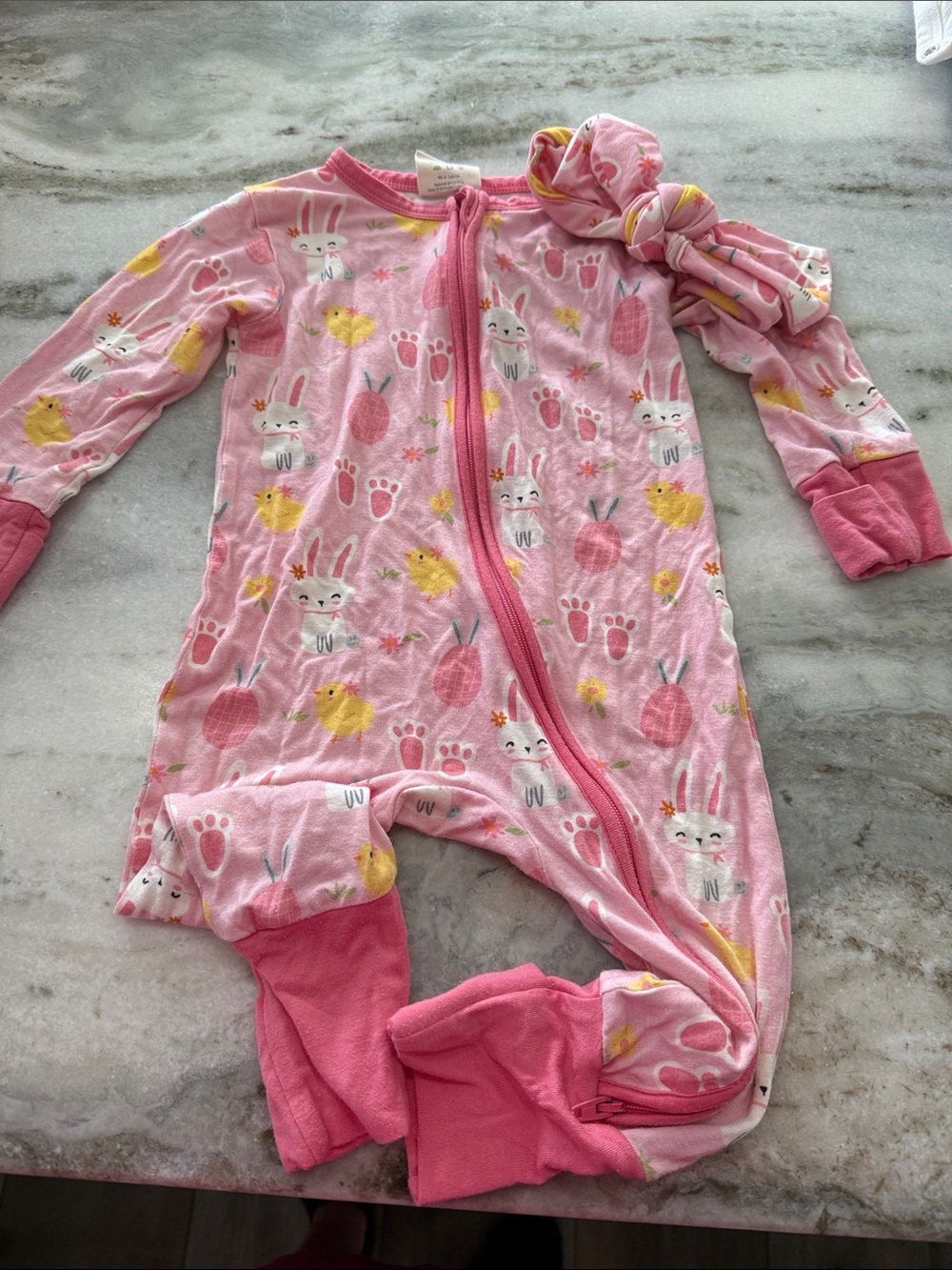 Pink Bunny & Chick Zipper Footie Pajama with matching bow